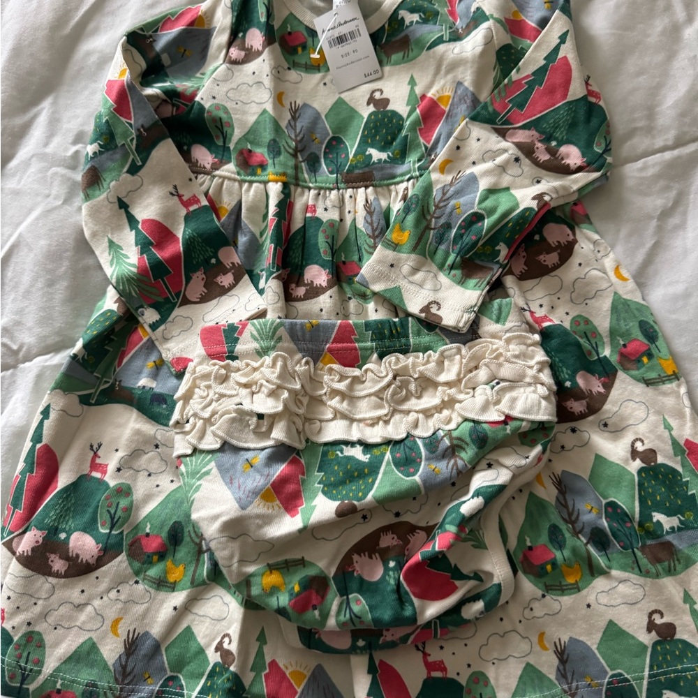 Hanna Andersson Cream Woodland Print Dress with Ruffle Bloomers size 90 (3T)